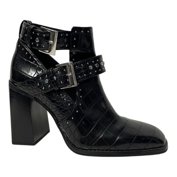 ZARA WOMAN Faux Croc Leather Studded Buckle Ankle Boots 37 - Picture 1 of 11